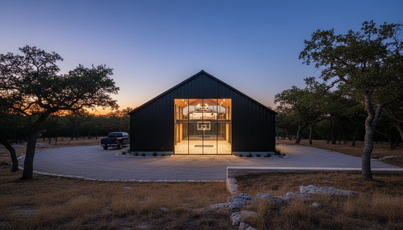 The private barn glowing at blue hour